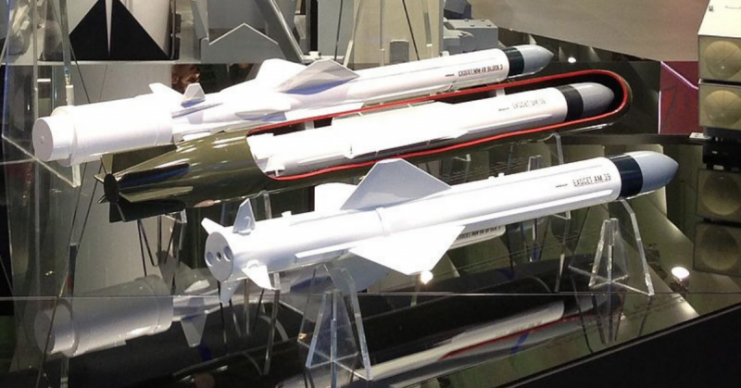 Models of the three versions of the Exocet missiles. Booth of the MBDA company at the Paris Air Show 2013. By Tiraden CC BY-SA 3.0