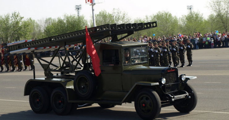 BM-13-16 on a ZiS-6 chassis on parade in Russia. By Ardianen CC BY-SA 3.0