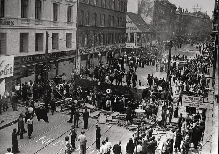 Barricades erected during a general strike, Nørrebro, Copenhagen, July 1944