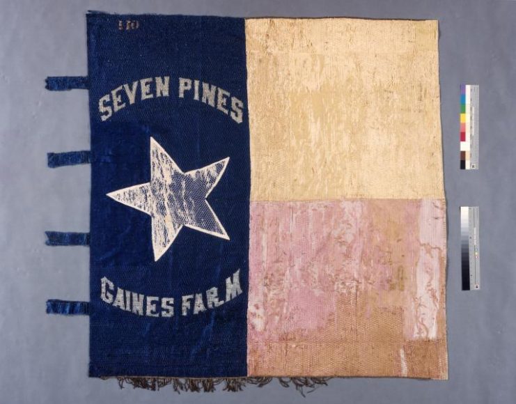 Mrs. Wigfall sewed the regiment’s flag, cutting the lone star from her wedding dress. Photo credit: Texas State Library and Archives