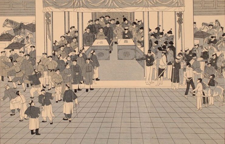 Signing of the Treaty of Peking by Lord Elgin and Prince Kung.