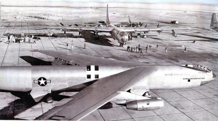 XB-52 prototype at Carswell AFB, 1955 shown with a 7th Bomb Wing B-36