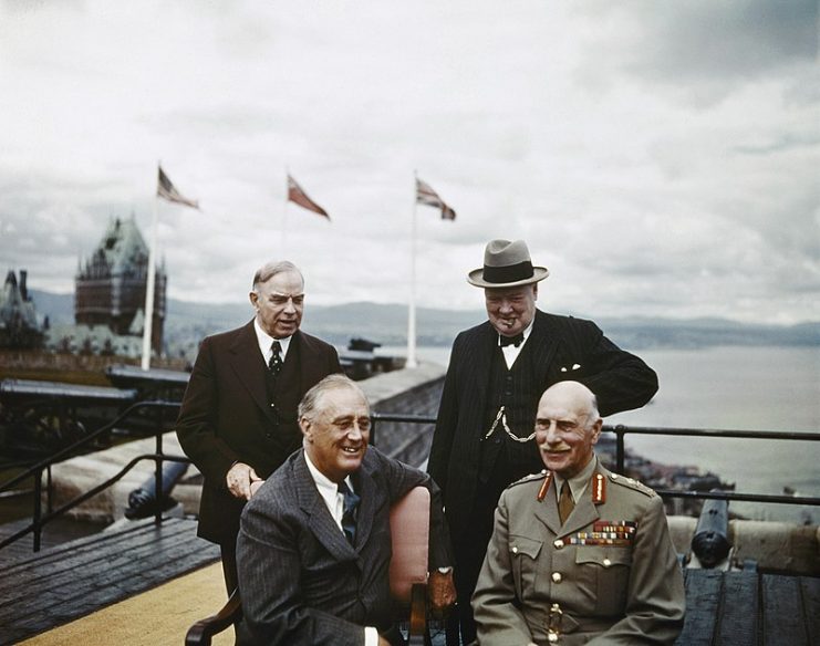 Mackenzie King, Franklin D. Roosevelt, Winston Churchill, and the Earl of Athlone at La Citadelle, The Quebec Conference, Canada, August 1943