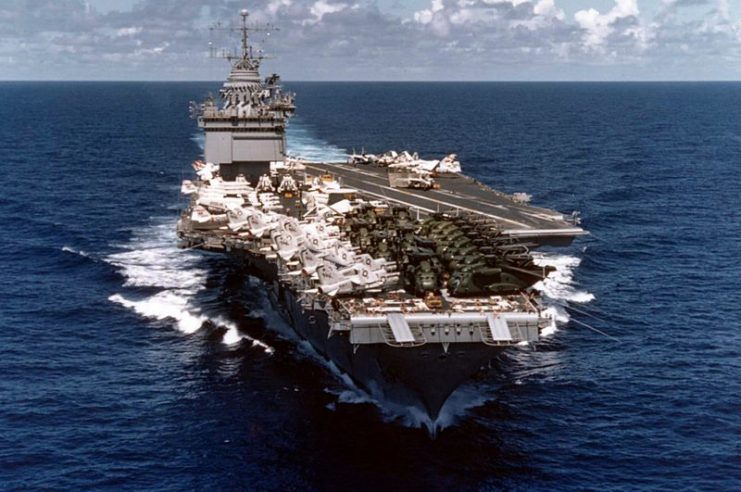 The U.S. Navy aircraft carrier USS Enterprise (CVAN-65) underway returning to the United States from Western Pacific cruise that included the evacuation of Saigon