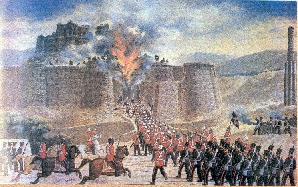 A British-Indian force attacks Ghazni fort during the First Afghan War, c.1839.