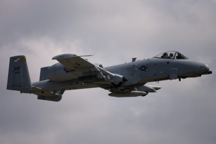 A Fairchild Republic A-10 Thunderbolt II attack aircraft in flight at the Great Lakes International Air Show