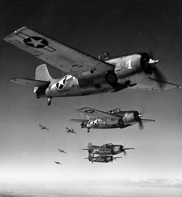 Wildcat fighters flying in formation, circa mid-1943