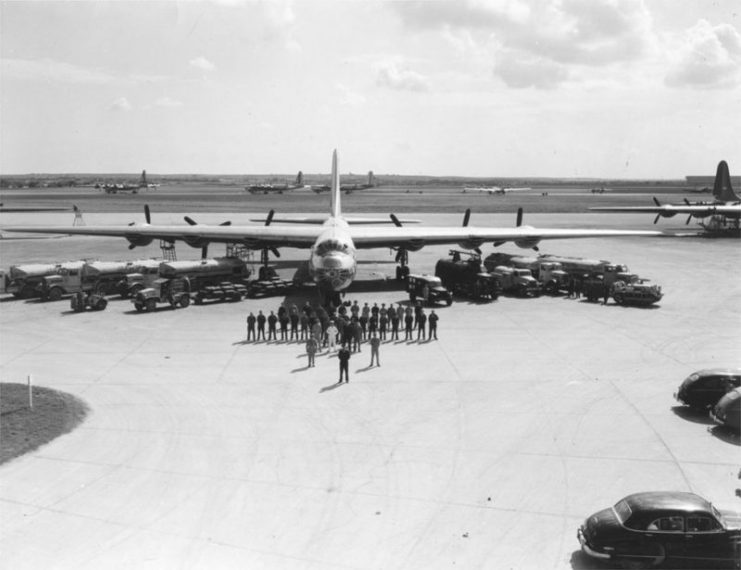 Personnel and equipment required to get and keep a B-36 Peacemaker airplane in the air.