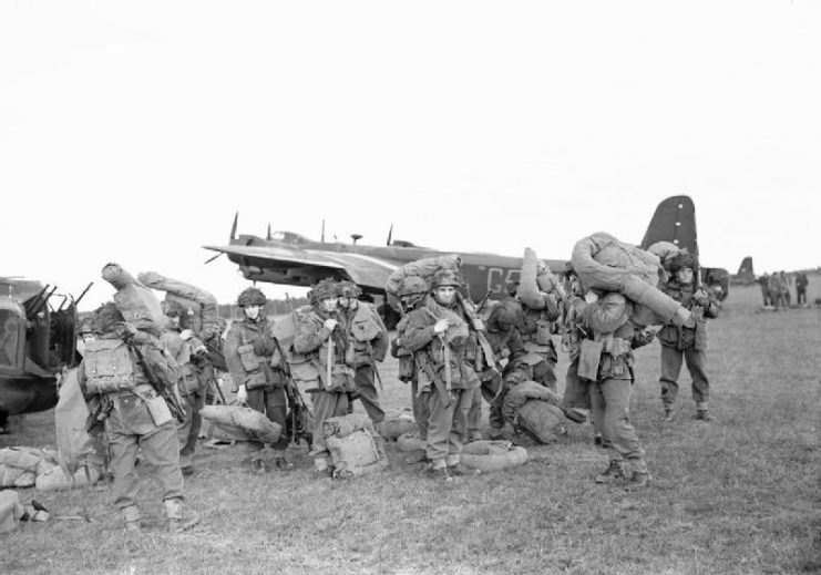 British airborne troops just disembarked from Stirling aircraft at Gardermoen airfield near Oslo.