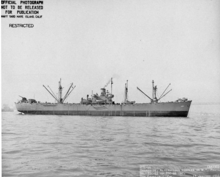 Broadside view of USS Ascella (AK-137) off San Francisco, CA., 13 January 1944.