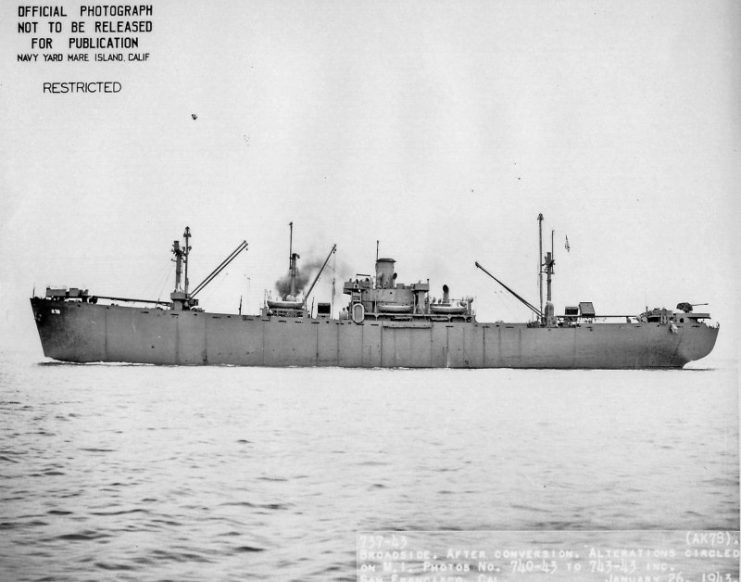 Broadside view of USS Deimos (AK-78) underway off San Francisco, 26 January 1943.
