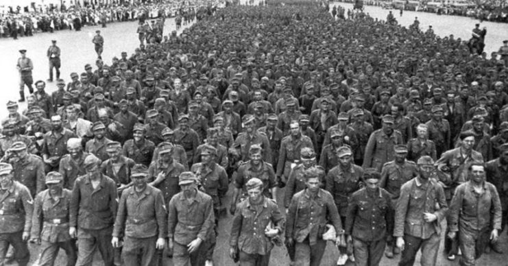 Parade of 57,000 German prisoners of war in the streets of Moscow under escort 1944.