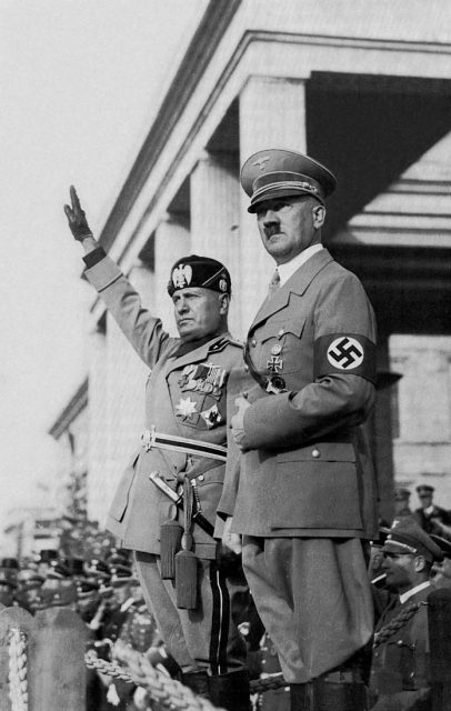 Benito Mussolini and Adolf Hitler, the fascist leaders of Italy and Nazi Germany