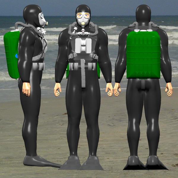 3 views of a frogman with IDA71 rebreather breathing set, supplied with keeper plate to clip a limpet mine to his chest.Photo: Anthony Appleyard CC BY-SA 3.0