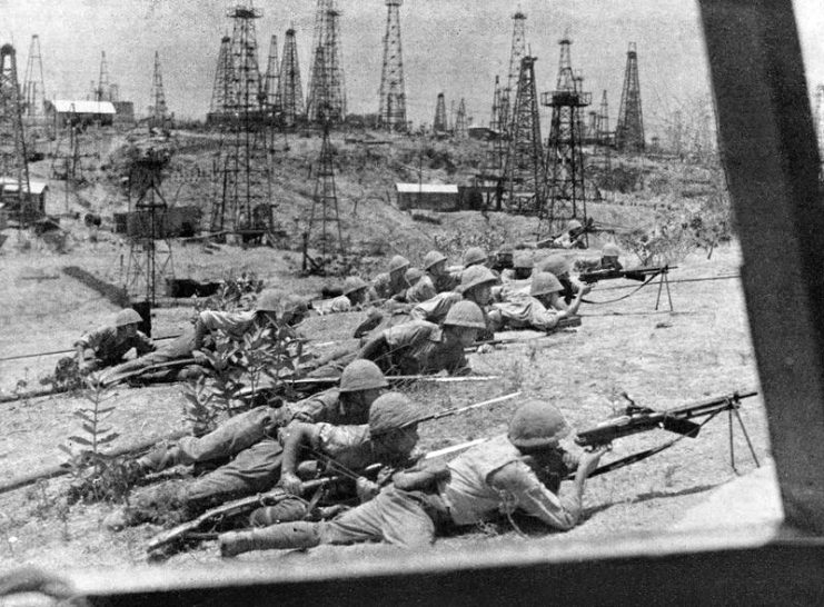 Soldiers of the 33rd division of the Imperial Japanese Army occupying the oilfields at Yenangyaung, 1942