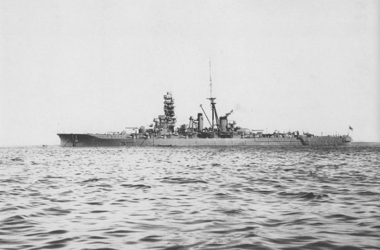 Imperial Japanese Navy battleship Hiei at Yokosuka after rennovation.