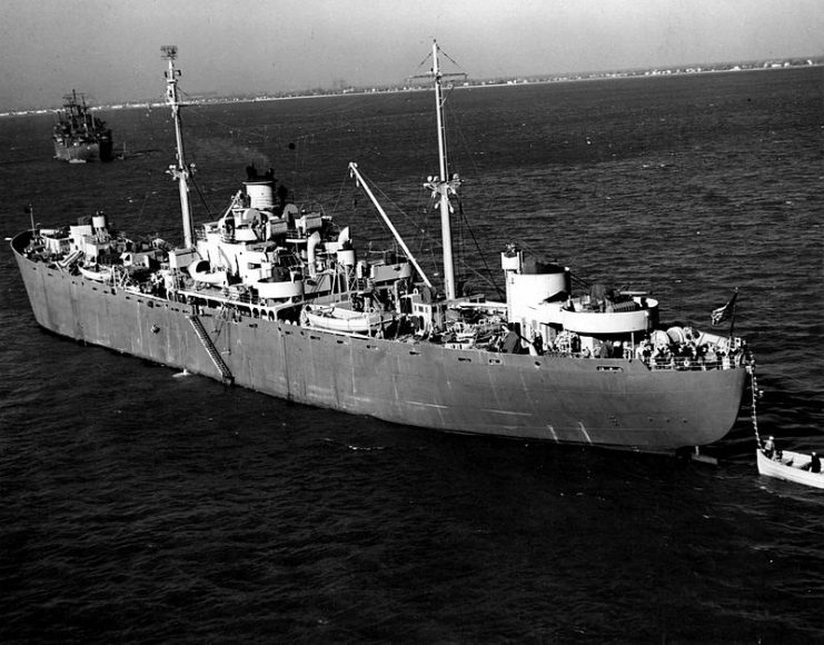 Port stern view of USS Mindanao (ARG-3), 23 November 1943, at Hampton Roads, Virginia.