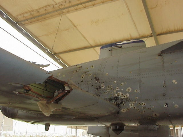 This A-10 piloted by Captain Kim Campbell suffered extensive damage during Operation Iraqi Freedom in 2003, including damage to the hydraulic system, but she flew it safely back to base on manual reversion mode.