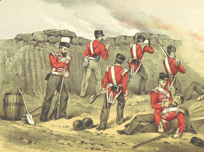 British lines (Buckinghamshire Regiment) under fire. Illustration to the Crimean War by James E. Alexander.