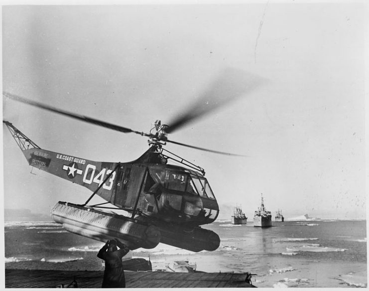 Sikorsky R-4 helicopter landing on icebreaker USCGC Northwind during Operation Highjump