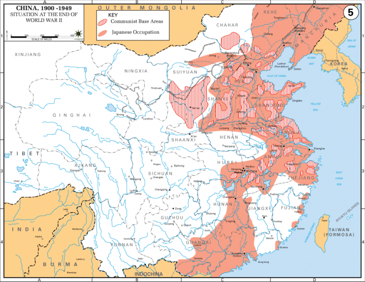 Japanese occupation (red) of eastern China near the end of the war, and Communist guerrilla bases (striped).