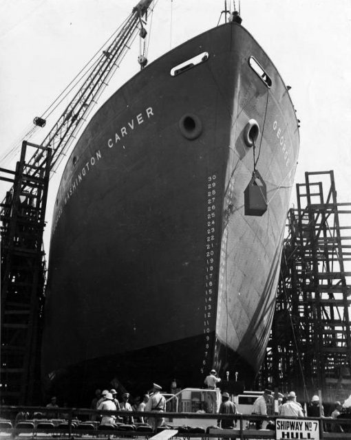 SS George Washington Carver slides down the shipway after launching on 7 May 1943