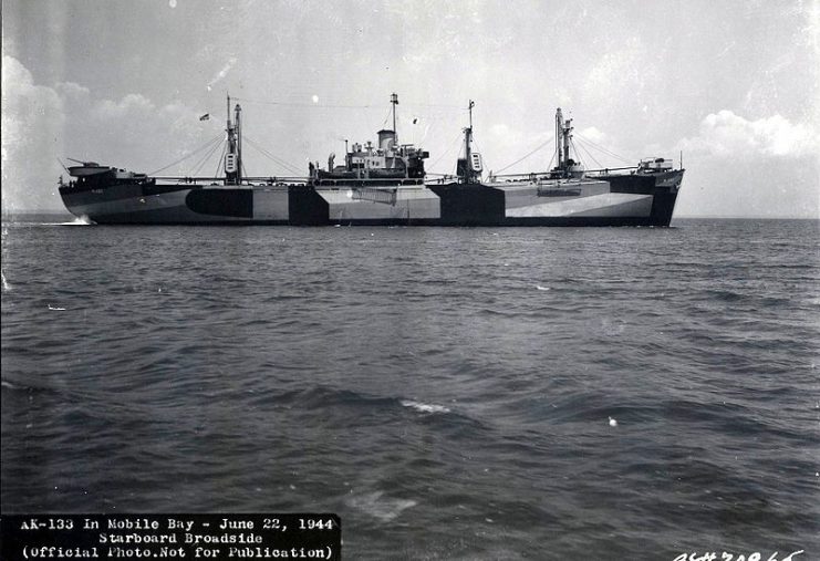 Starboard broadside view of USS Seginus (AK-133) in Mobile Bay, 22 June 1944.