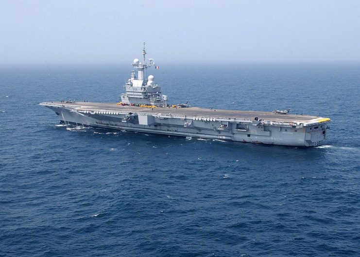 The French nuclear-powered aircraft carrier Charles de Gaulle shown operating in the Atlantic Ocean.
