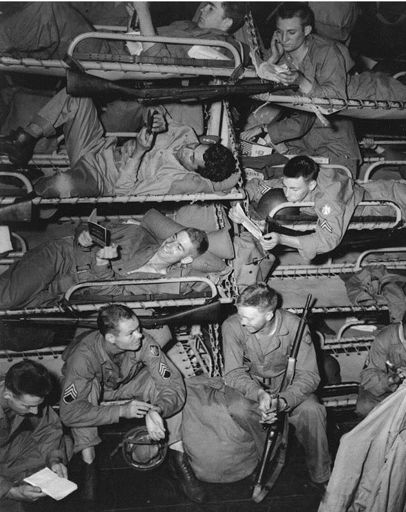 Troops of the 45th Infantry Division in a transport bound for Sicily, June 1943.
