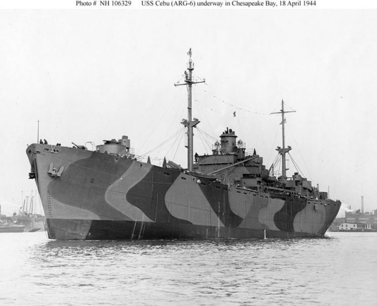 USS Cebu (ARG-6) in Chesapeake Bay off the Bethlehem Steel Key Highway Yard, Baltimore, 18 April 1944, one day after completing her conversion to an Internal Combustion Engine Repair Ship.