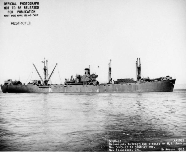 USS Ganymede (AK-104) (broadside plan view) in San Francisco Bay, 16 August 1943.