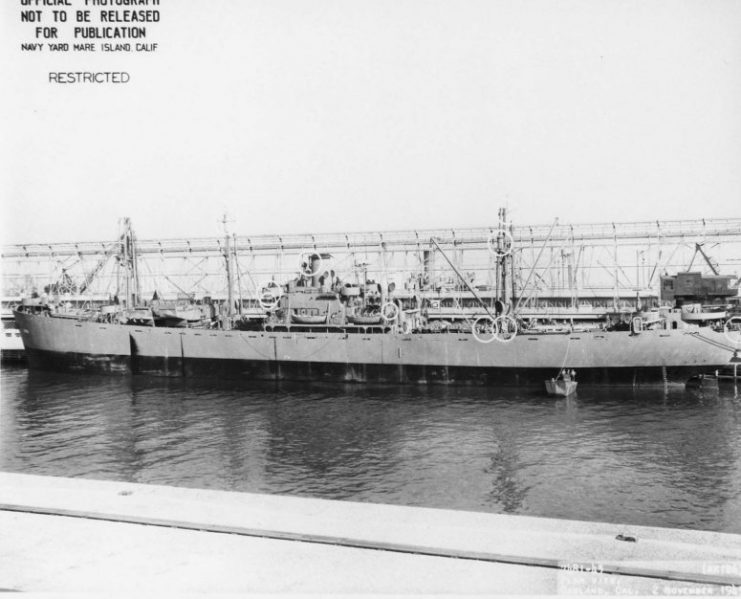 USS Megrez (AK-126), after conversion to US Naval service at Oakland, California, 2 November 1943.