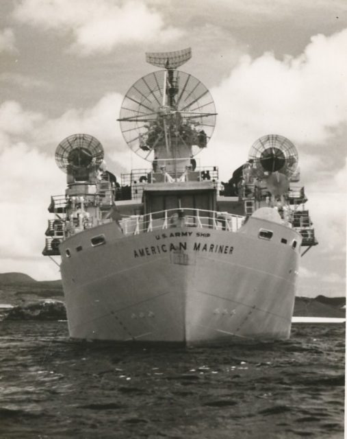 View of the USAS American Mariner at Clarence Bay, Ascension Island, in 1962.