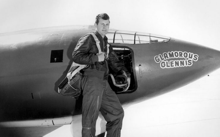 Chuck Yeager in front of the Bell X-1, which, as with all of the aircraft assigned to him, he named Glamorous Glennis, after his wife.