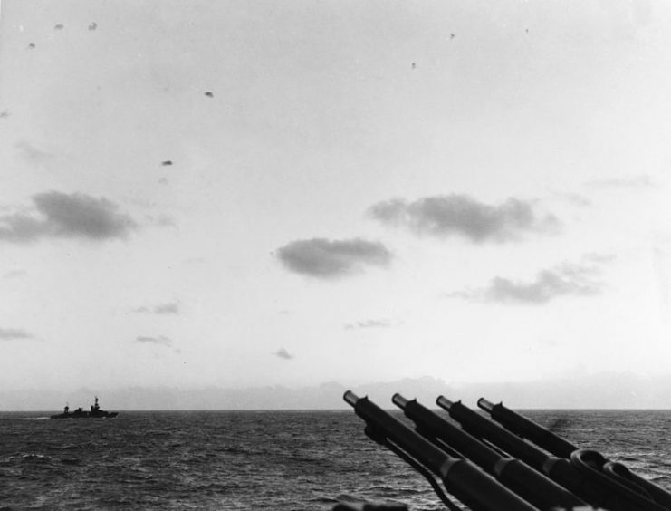 The U.S. Navy heavy cruiser USS Northampton (CA-26) under attack off Wake by a Japanese seaplane.