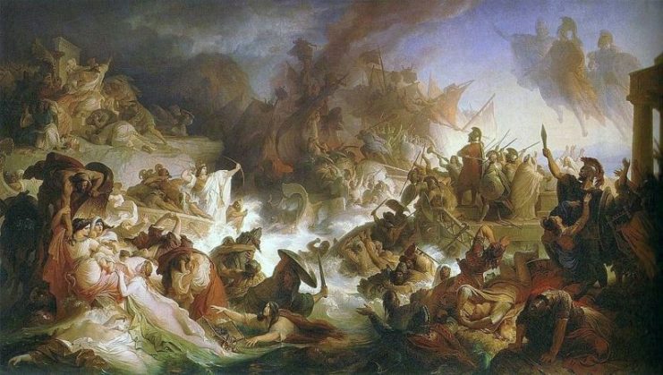 A romantic style painting of the battle by artist Wilhelm von Kaulbach