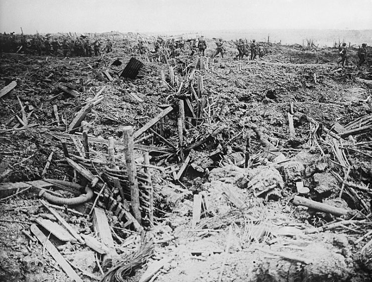 A smashed up German trench on Messines Ridge, June 7, 1917