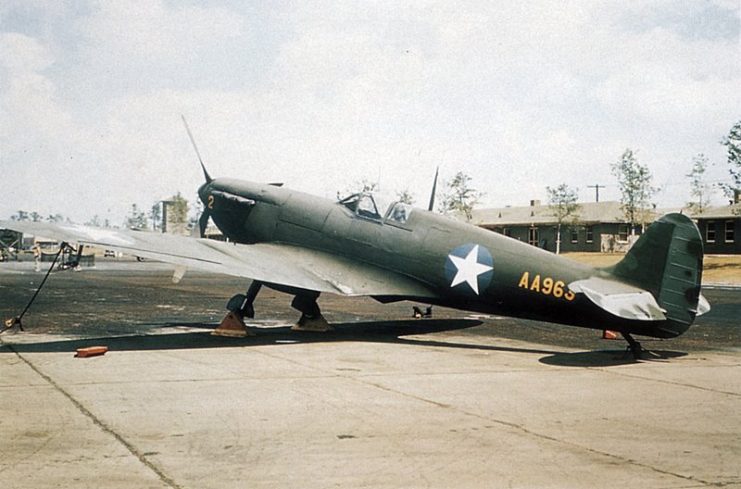 A U.S. Army Air Forces Supermarine Spitfire Mk.Vc (RAF s n AA963) without wheels at Wright Field, Ohio (USA), in 1942.