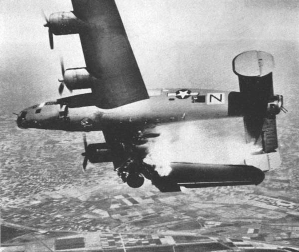 A B-24 Liberator that has been hit.