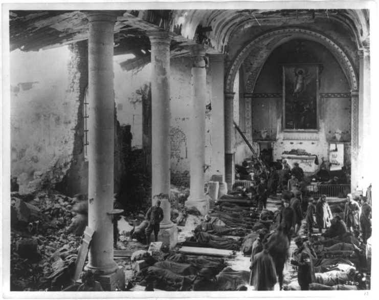 American Army field hospital inside ruins of church. France. 1918