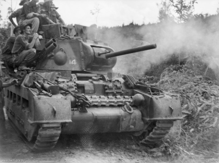 An Australian, howitzer-equipped Matilda of the 2 9th Armoured Regiment in combat at the Battle of Tarakan (May 1945)