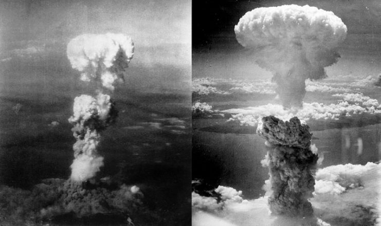 Atomic bomb mushroom clouds over Hiroshima and Nagasaki.1945