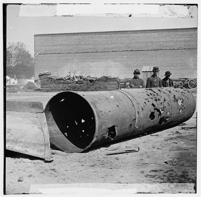 Battered smokestack from C.S.S. Virginia II after the battle of Trent’s Reach