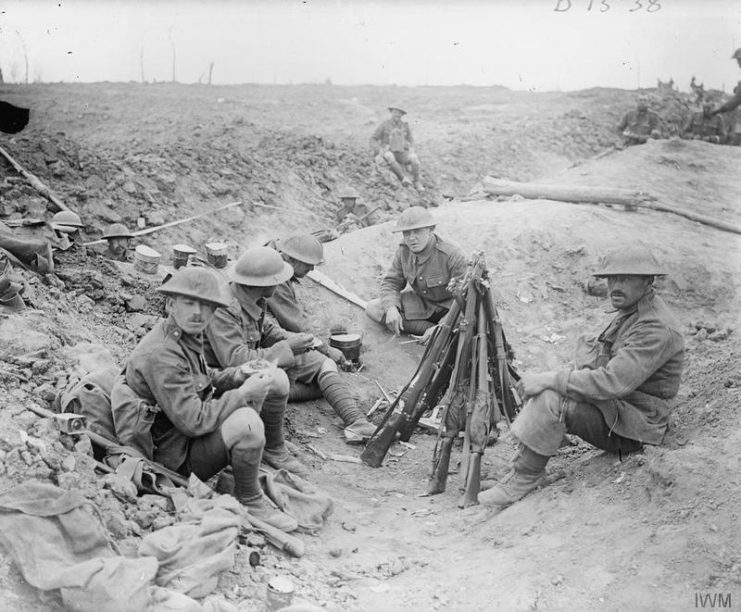 British Infantry in a support trench on a ground won in the battle, near Wytschaete, June 12, 1917.