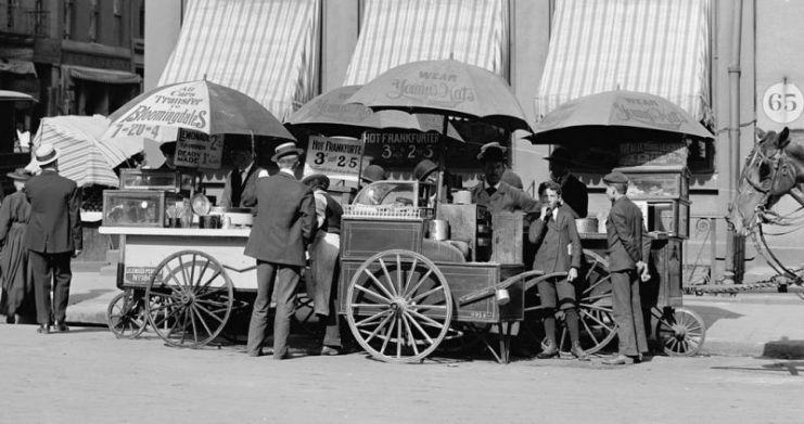 Carts selling frankfurters in New York City, circa 1906. The price is listed as “3 cents each or 2 for 5 cents”.
