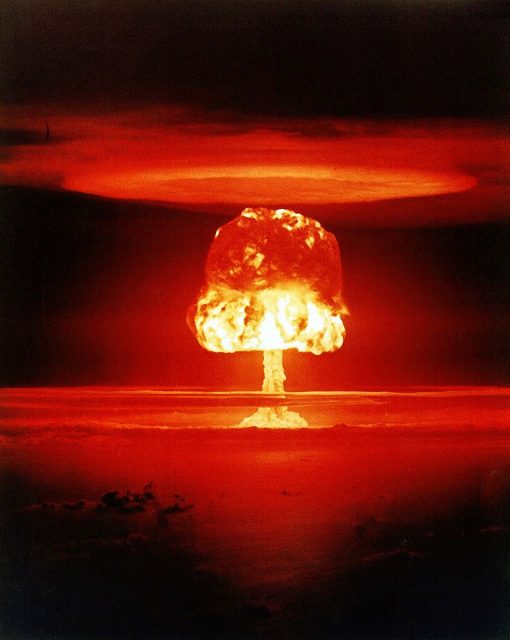 Castle Romeo nuclear test (yield 11 Mt) on Bikini Atoll. It was the first nuclear test conducted on a barge. The barge was located in the Castle Bravo crater.