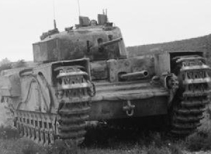Churchill Mark I with hull-mounted 3-inch howitzer in exercises on Salisbury Plain, January 1942