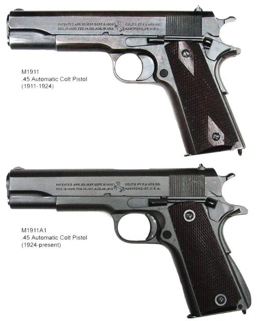 Comparison of government-issue M1911 (top) and M1911A1 pistols
