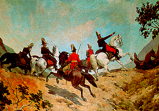 Detail of the Oil on canvas of the Battle of Carabobo, mural located in the National Capitol of Venezuela. In it you can see Simon Bolivar directing the battle with his staff.
