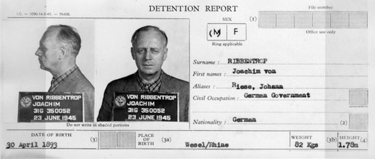 Detention report and Mugshots of Joachim von Ribbentrop